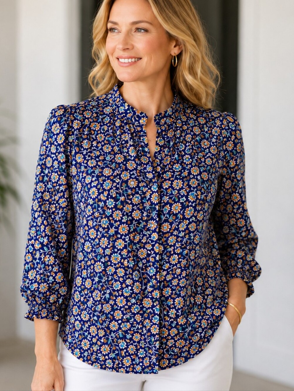 J McLaughlin Silk Cotton Blend Blouse Button-up Sherry's Secret Garden EUC Sz LG